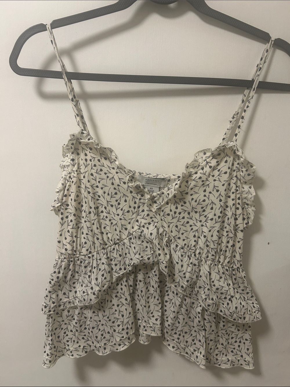 Ruffled Leaf-Print Cami Top - Cream with Black Leaf Detail